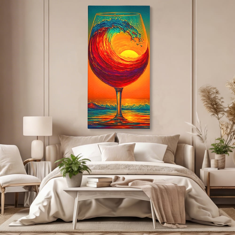 Tablou canvas cu tablou canvas cu pahar de vin si val, fara rama, pe sasiu de lemn, pe perete intr-un dormitor